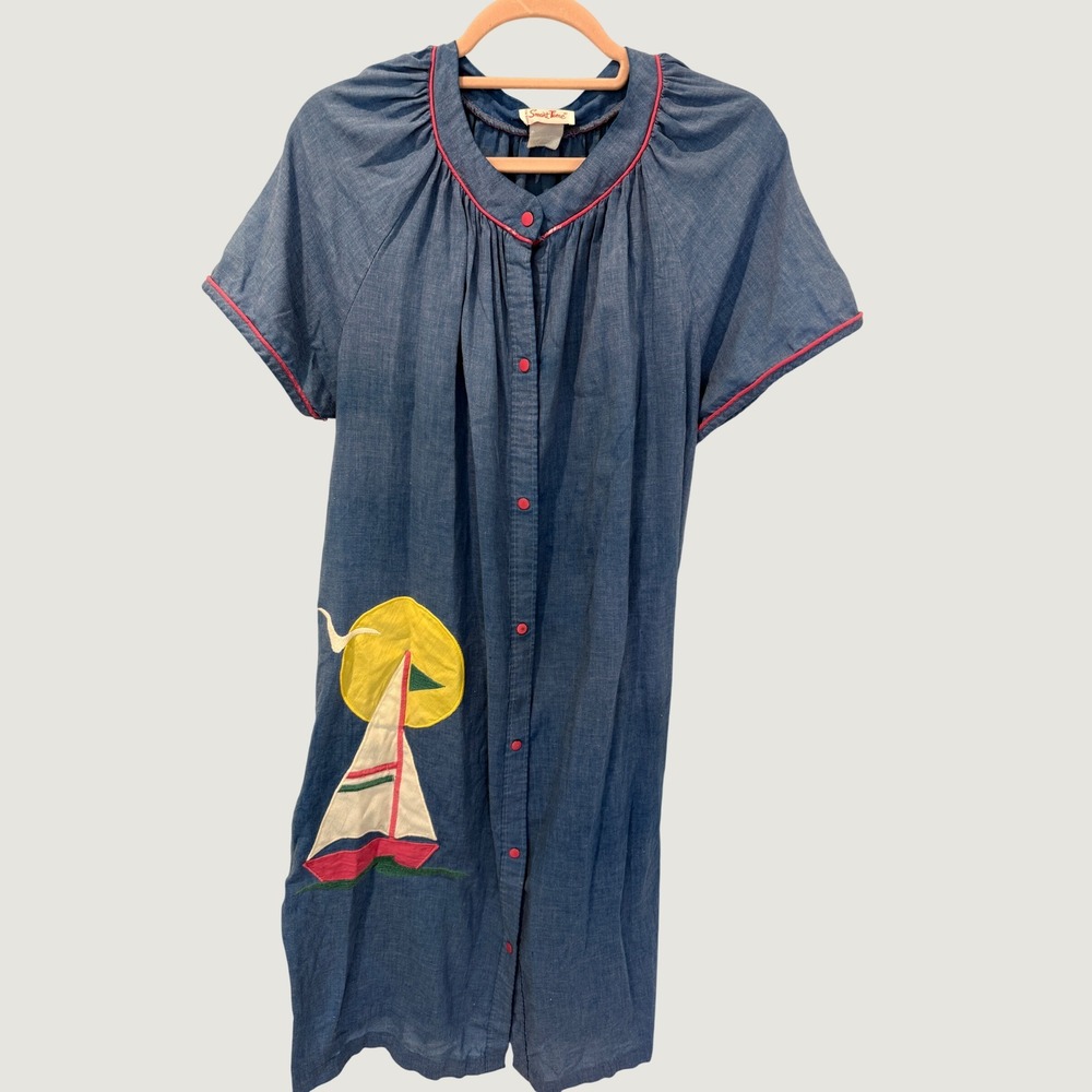 Vintage 80s Smart Time Sailboat Chambray Snap Front House Dress